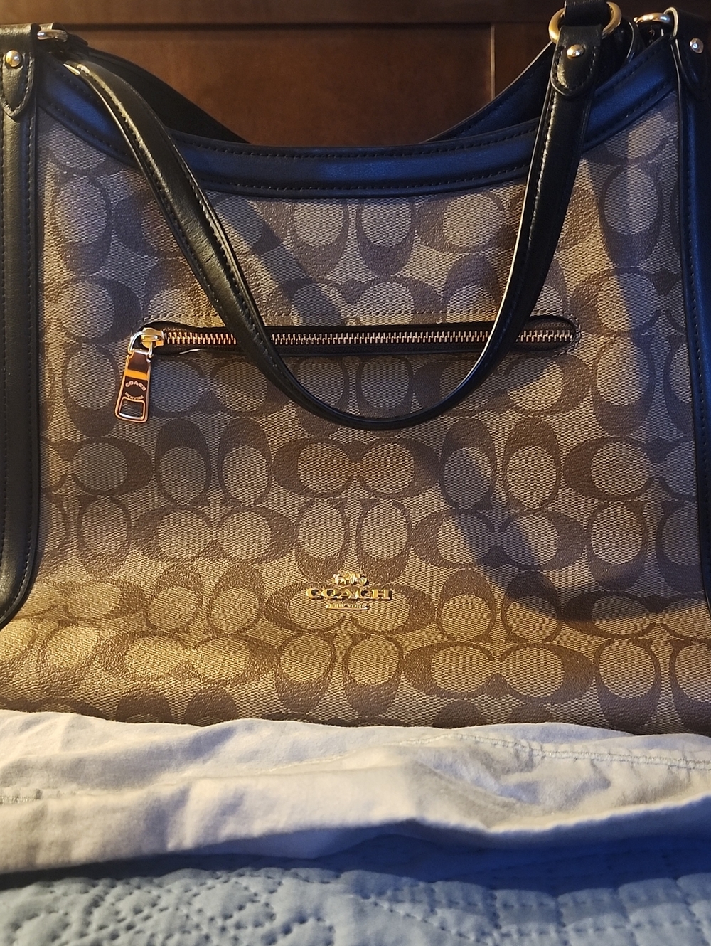Coach Brown Signature Canvas Shoulder Bag with Black Trim